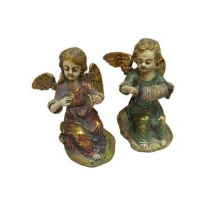 Antique 20th century Italian Neapolitan Glazed Terracotta Pair Creche Angels Lot